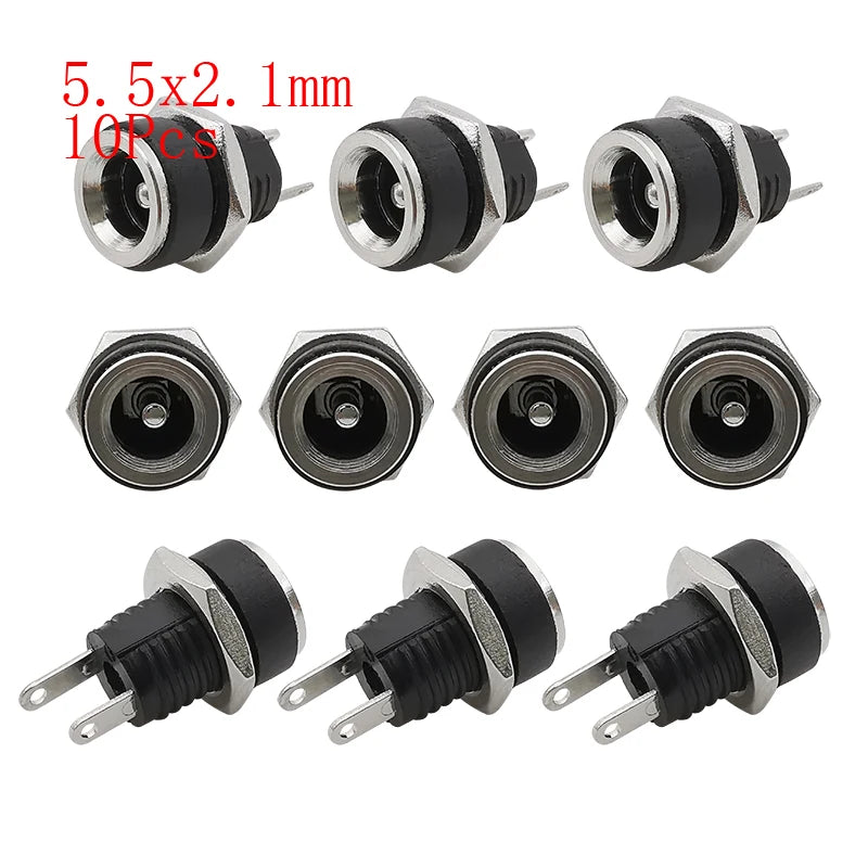 10Pcs DC Power Jack Connectors 5.5 x 2.1mm DC Plug Male Female Socket Soldering Type Nut Panel Mount DC Power Adapter Connector