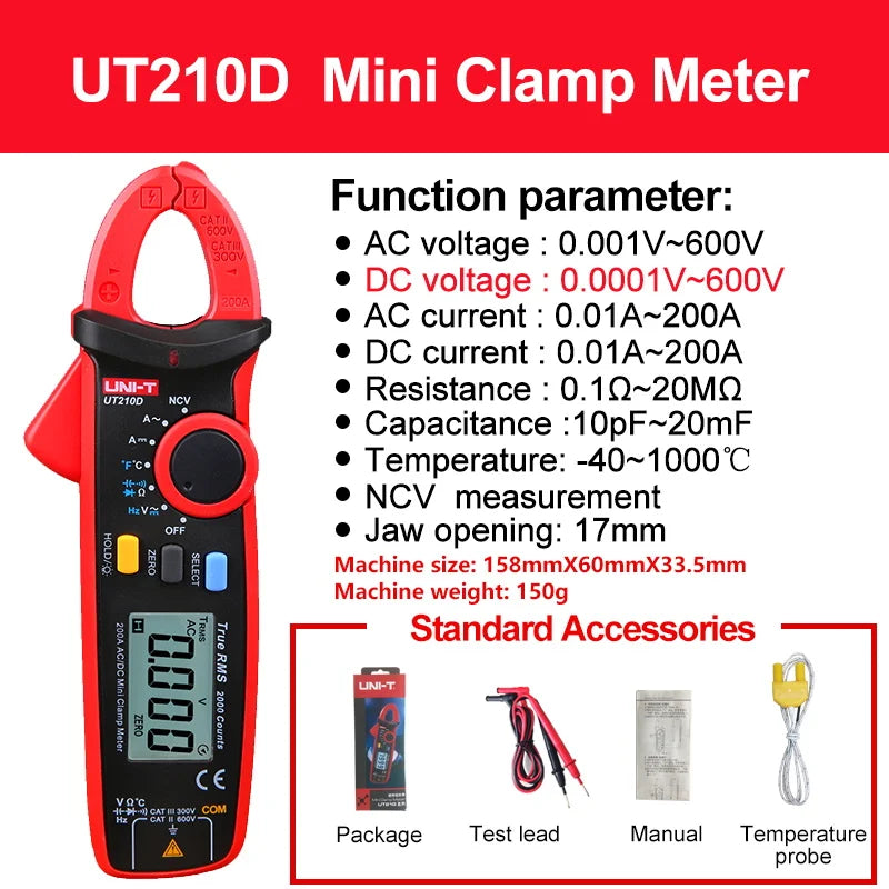 UNI-T Clamp Meter Digital UT210E UT210D AC Current Mini Clamp Multimeter True RMS Pliers Ammeter UT210C Auto Range