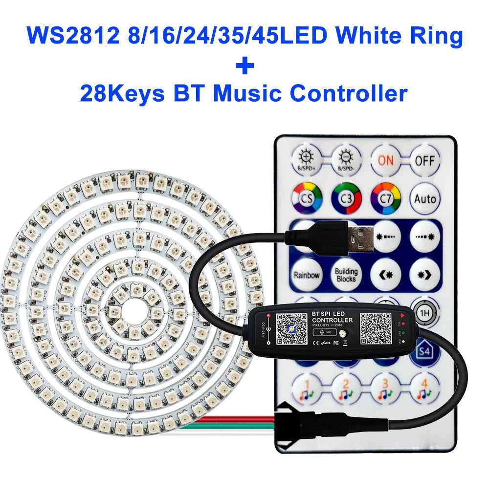 WS2812B Individually Addressable Led Ring 5050 RGB With USB 28Keys Bluetooth Music Controller Kit BuiIt-in 8/16/24/35/45 Pixels
