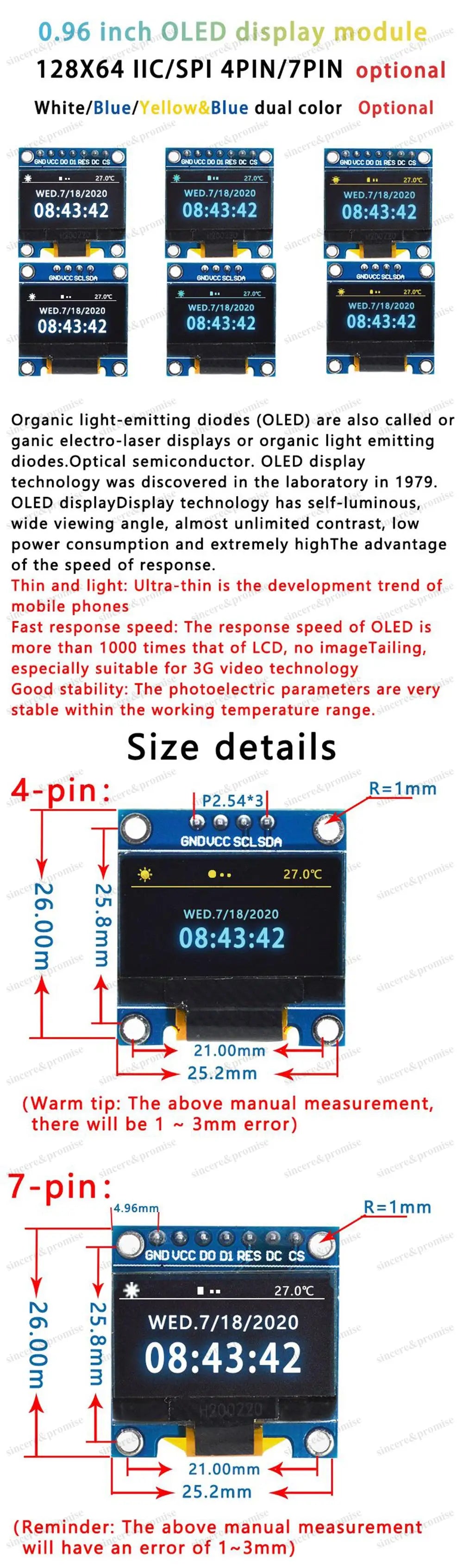 4Pin 7Pin White And Blue Color 0.96 Inch 128X64 Yellow Blue OLED Display Screen Module For Arduino 0.96" IIC I2C SPI Communicate