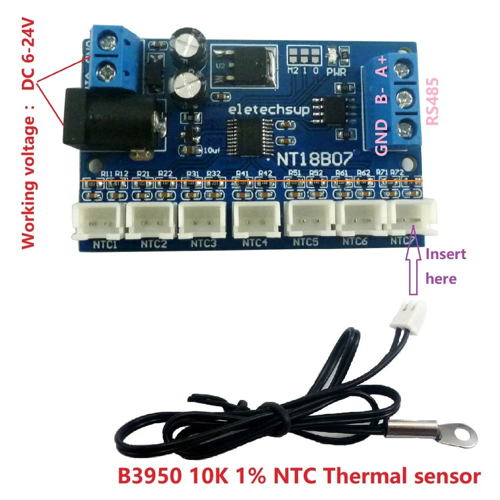 7 Lines/1 PCS 7-CH 12V RS485 NTC Thermistor Temperature Sensor Modbus RTU Remote Acquisition Monitoring Board B3950 10k 1%