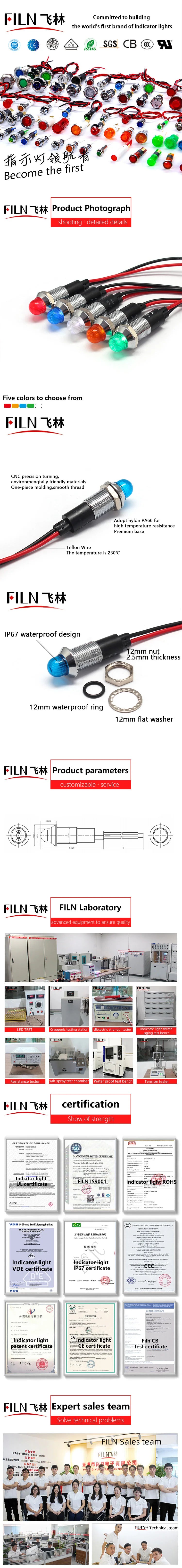 FILN 12mm LED Metal Indicator Light Waterproof IP67 Signal Lamp 3V 6V 12V 24V 110V 220V Red Yellow Blue Green White Pilot Seal