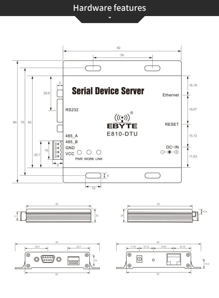 E810-DTU-V2.0 RS485 RS232 to Ethernet RJ45 Serial Port Server Wireless Transceiver Modem Full Duplex Module