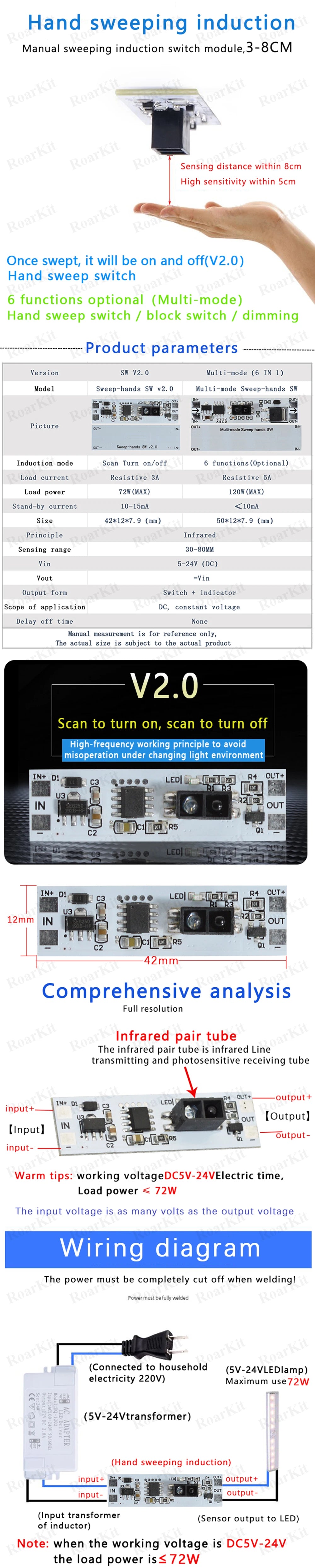 Touch Switch Capacitive Module 5V-24V 3A LED Dimming Control Lamps Active Components Short Distance Scan Sweep Hand Sensor