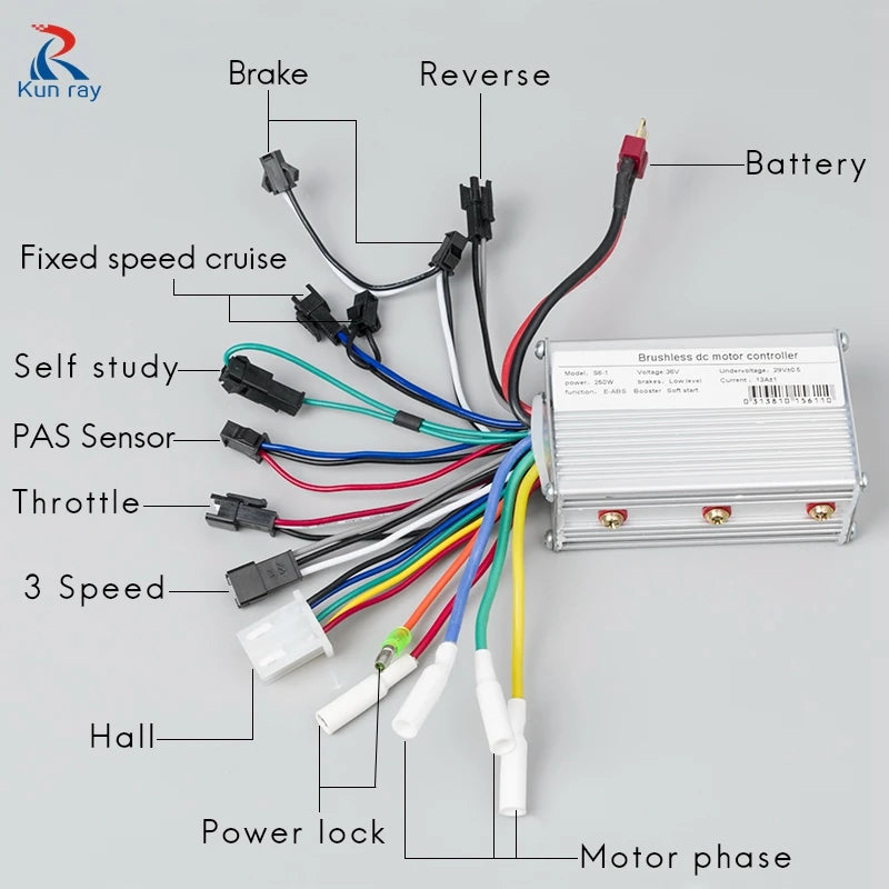 Electric Bicycle BLDC Motor Brushless Speed Controller 250W 350W 24V 36V 48V DC With Hall E-Brake Sensor Reverse 13A 6Mosfet