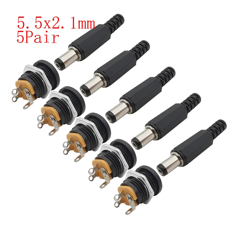 10Pcs DC Power Jack Connectors 5.5 x 2.1mm DC Plug Male Female Socket Soldering Type Nut Panel Mount DC Power Adapter Connector