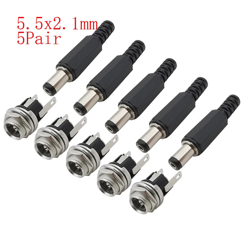 10Pcs DC Power Jack Connectors 5.5 x 2.1mm DC Plug Male Female Socket Soldering Type Nut Panel Mount DC Power Adapter Connector