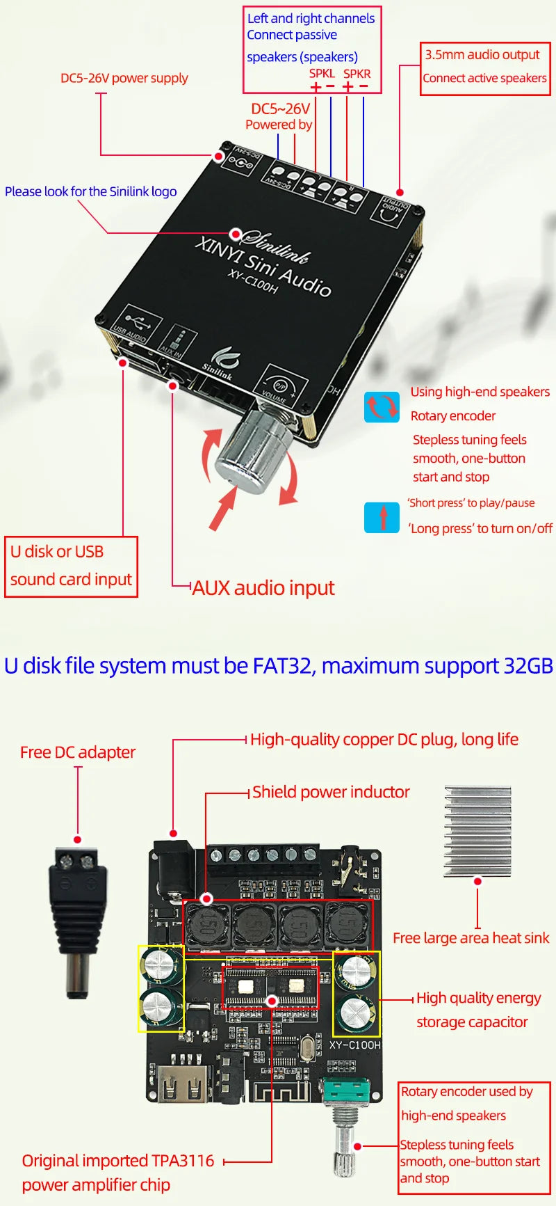 Bluetooth 5.0 Mini Cool Audio Digital Power Amplifier Board 20W*2 50W*2 100W*2 Stereo Wireless AMP Amplificador Module AUX Input