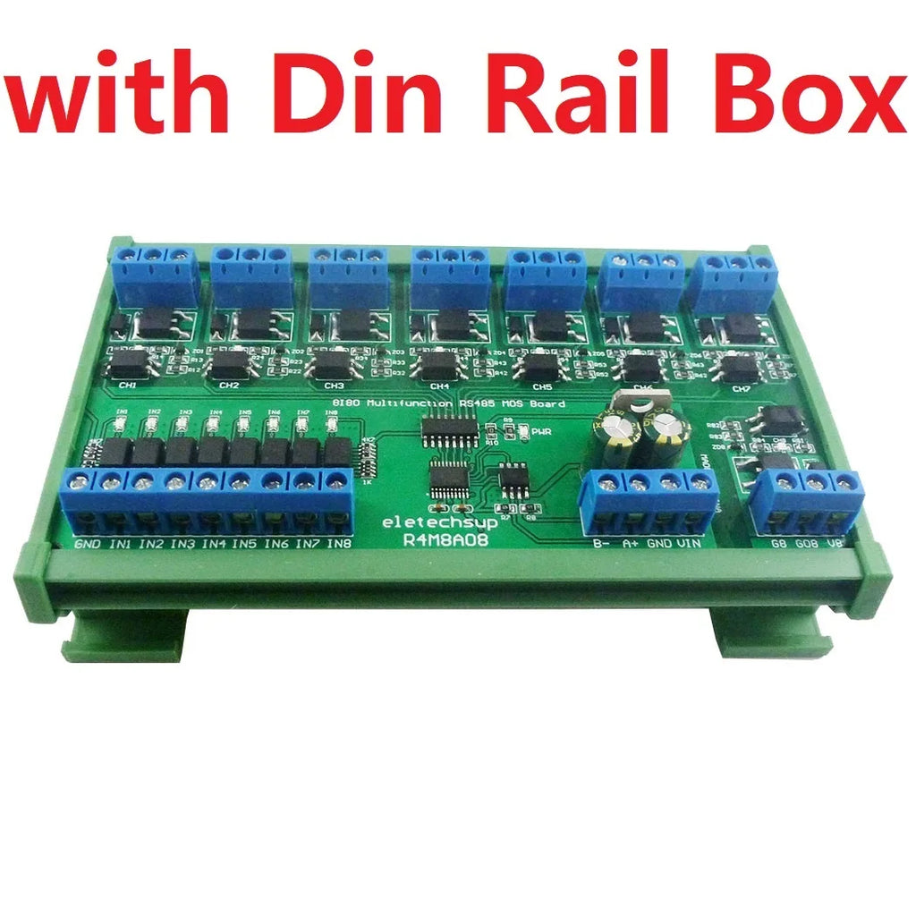 5A DC 6-24V 8I8O Multifunction Modbus RTU MOSFET Module Support 03 06 16 Function Code RS485 Switch Control Board DIN35 Rail Box
