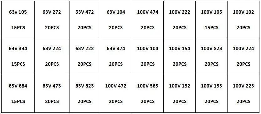240Pcs Correction Capacitor Assorted Kit 24Values x 10Pcs 63V-100V 102J-105J Polypropylene Safety Plastic Film Capacitors