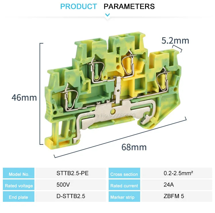 5Pcs STTB2.5-PE Ground Wire Connector Spring-cage 2 Level Earth Protect Plug Electrical STTB 2.5 PE Din Rail Terminal Block