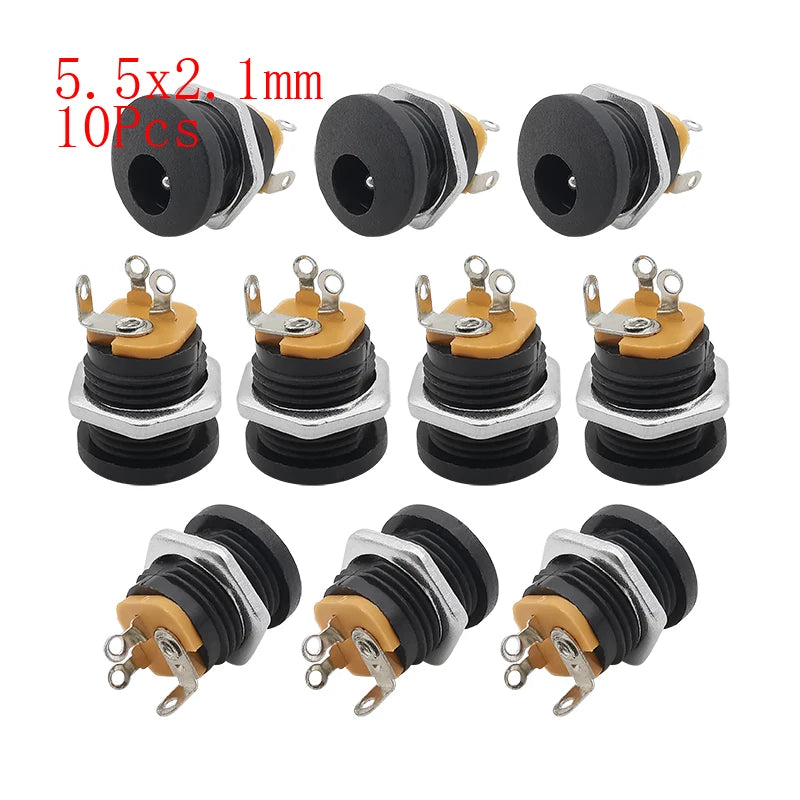 10Pcs DC Power Jack Connectors 5.5 x 2.1mm DC Plug Male Female Socket Soldering Type Nut Panel Mount DC Power Adapter Connector