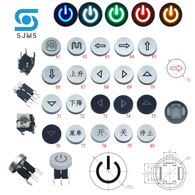 SJMS 5Pcs 6*6*9.5mm 6PIN DIP Through Hole Micro Push Button Tactile Momentary With LED Switch Tact Push Indication  Button mode