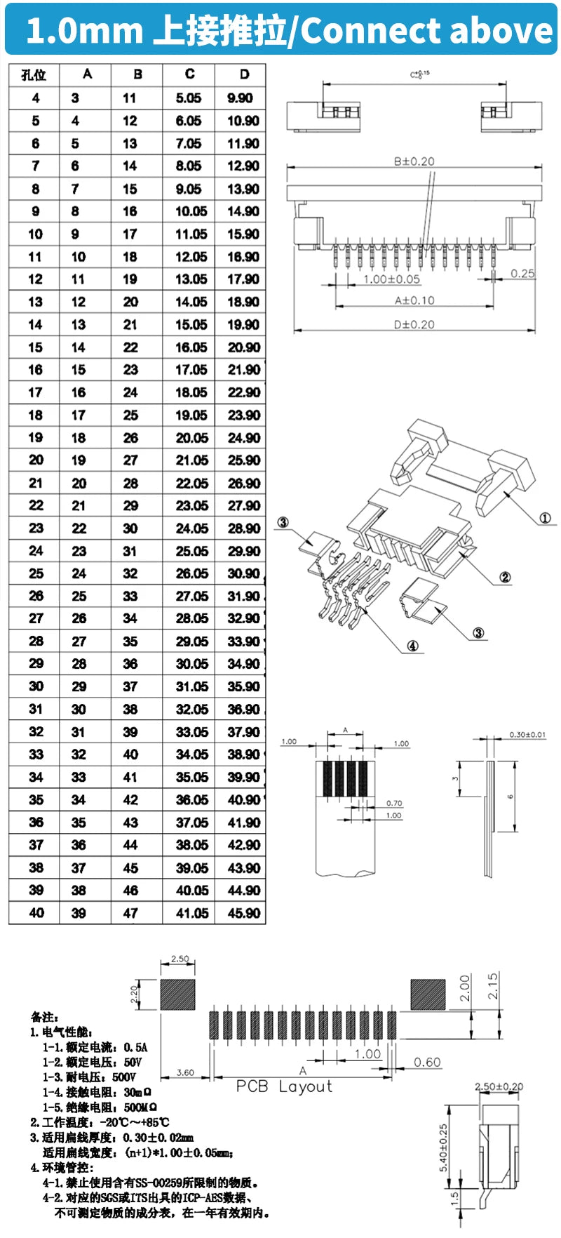 10PCS 0.5mm 1.0mm FPC FFC Connector Flat Cable PCB Connectors SMT ZIF 4 5 6 7 8 10 12 16 18 20 26 28 30 32 36 40 50 54 60P P