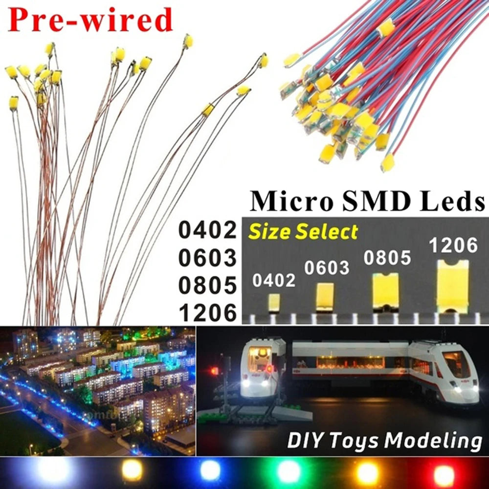 5pcs 0402 Microm SMD Led 12V Model Train HO N OO Scale Pre-soldered Micro Litz Wired LED Leads Wires 20cm DIY Model Making
