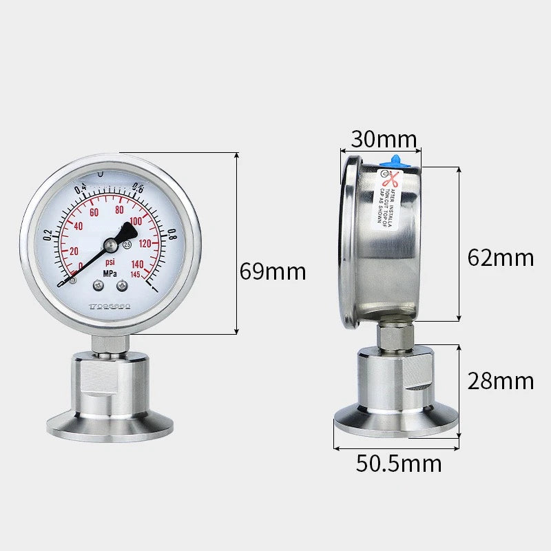 Manometer Bar/psi 1.5 inch (50.5mm)  2''  (64mm) Tri Clamp Diaphragm Pressure Gauge SS304 Stainless Steel Body SS316 Diaphragm