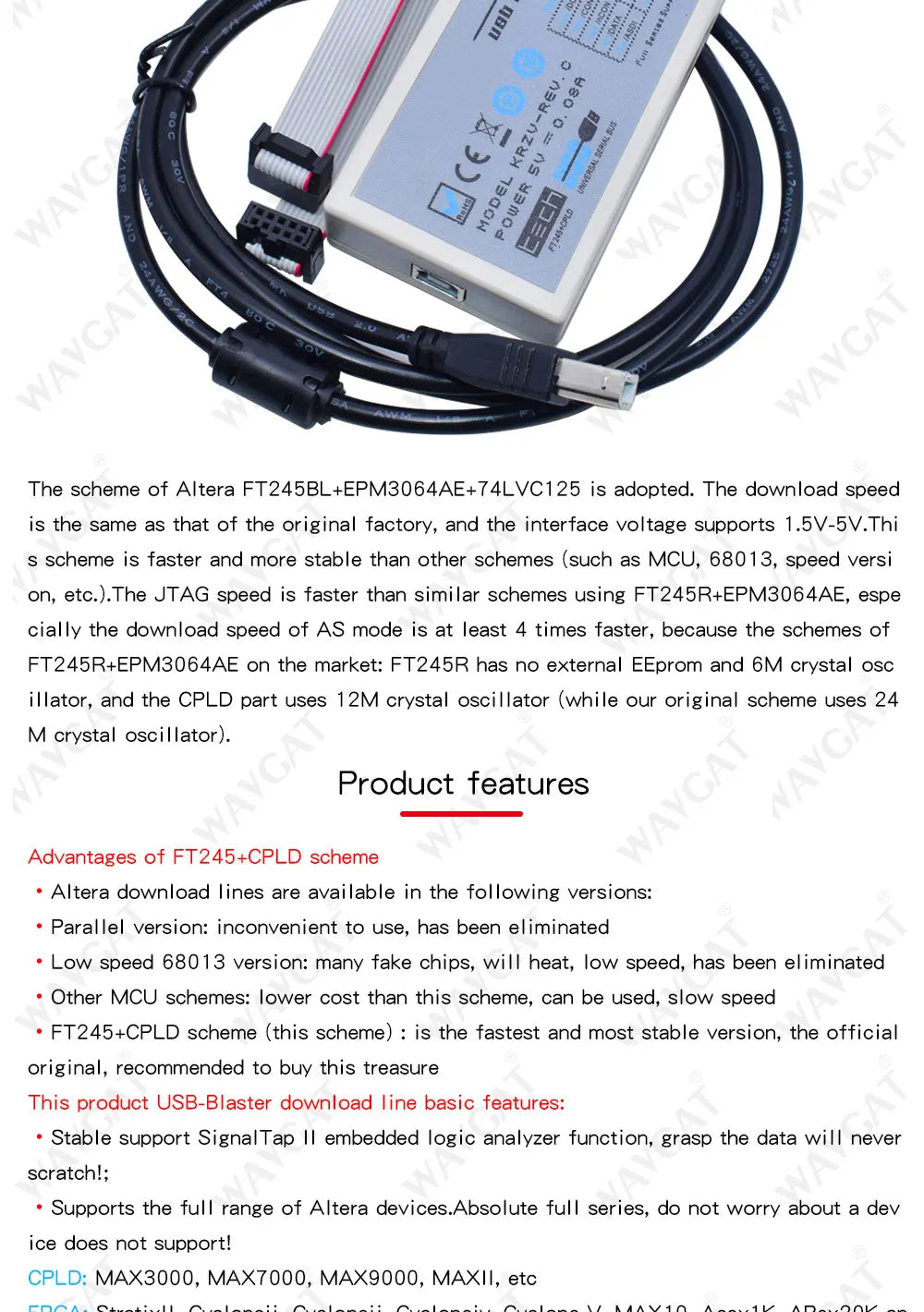 FT245+CPLD USB Blaster Download Cable FPGA / CPLD Downloader Altera High Speed Download Cable USB Type-B Interface Cable