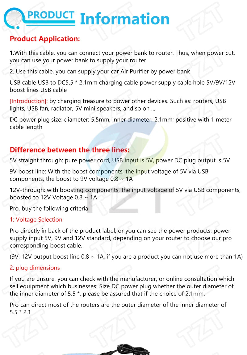 TZT 1/3PCS USB Power Boost Line DC 5V to DC 9V / 12V Step UP Module USB Converter Adapter Router Cable 2.1x5.5mm Plug