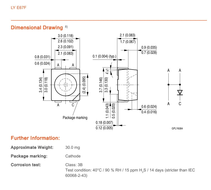 50PCS LYE67F 3528 YELLOW SMD LED Common Cathode PLCC-4 2.05-2.2V 50mA 592-595nm  ( LY E67F-AACA-46-3B5A )