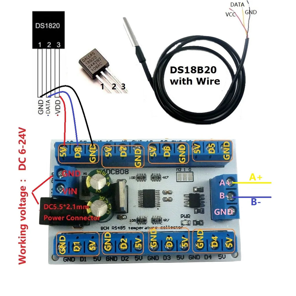 8 Channels DS18B20 RS485 Modbus Rtu Temperature Sensor Remote Acquisition Monitor Digital Thermometer Module Paperless Recorder