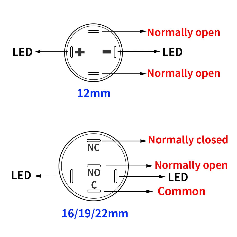 12 16 19 22 mm Metal Push Button Switch with Wire On Off PC Power High Head 12v for Car Momentary Latching Fixed Blue 5V 220V