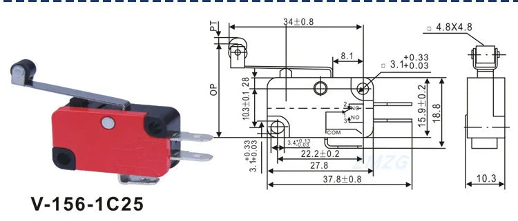 1/5PCS SPDT Momentary Travel Limit Micro Switch 16A 250VAC 1NO1NC 3pin Lever Roller V-151 V-152 V-153 V-154 V-155 Microswitch
