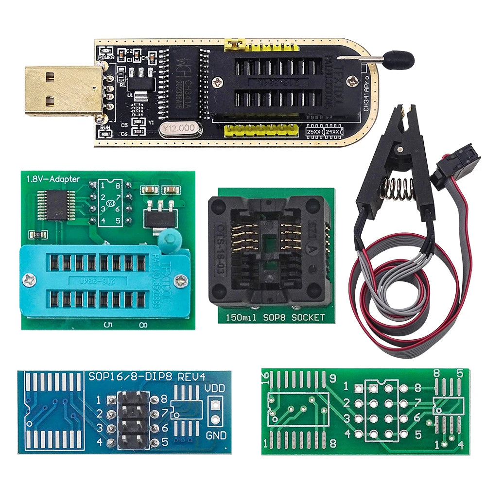 CH341A 24 25 Series EEPROM Flash BIOS USB Programmer Module + SOIC8 SOP8 Test Clip + 1.8V adapter + SOIC8 adapter DIY KIT