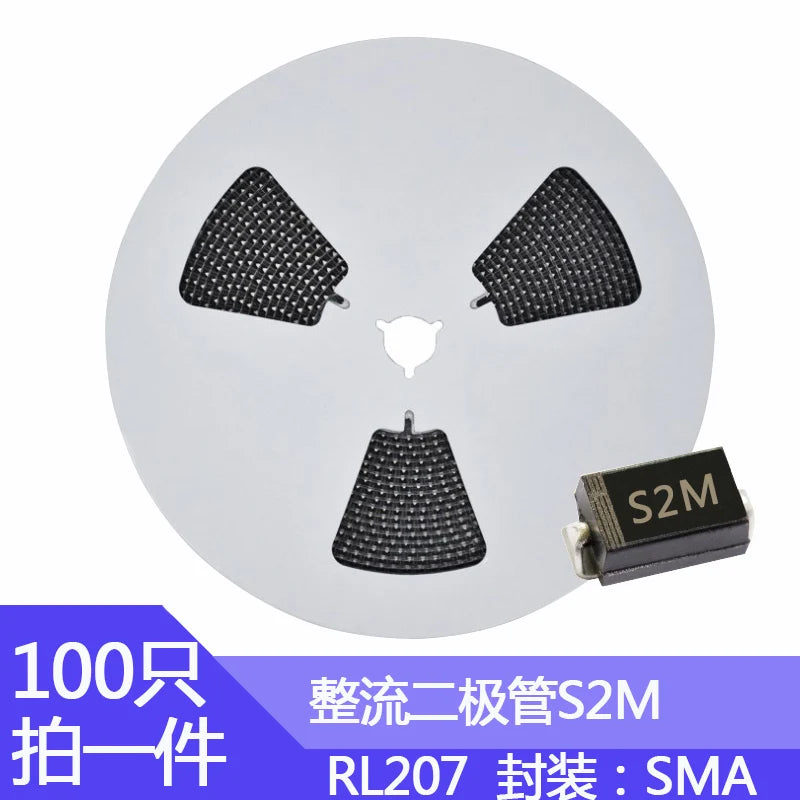 100pcs SMA S2M Rectifier Diode SMD Package DO-214AC 2A/1000V 2A/1000V RL207