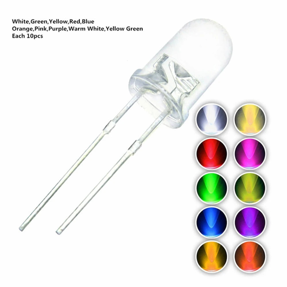 100pcs 5mm LED Diode 5 mm Assorted Kit White Green Red Blue Yellow Orange Pink Purple Warm white DIY Light Emitting Diode