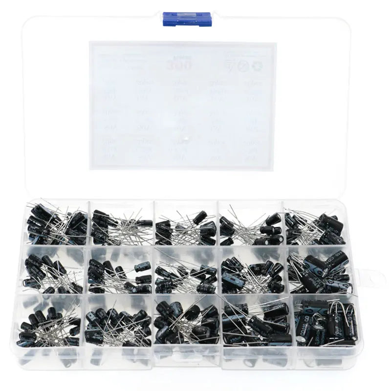 300pcs 15 Values 0.1uF-470uF Mix Electrolytic Capacitor Kit With Storage Box