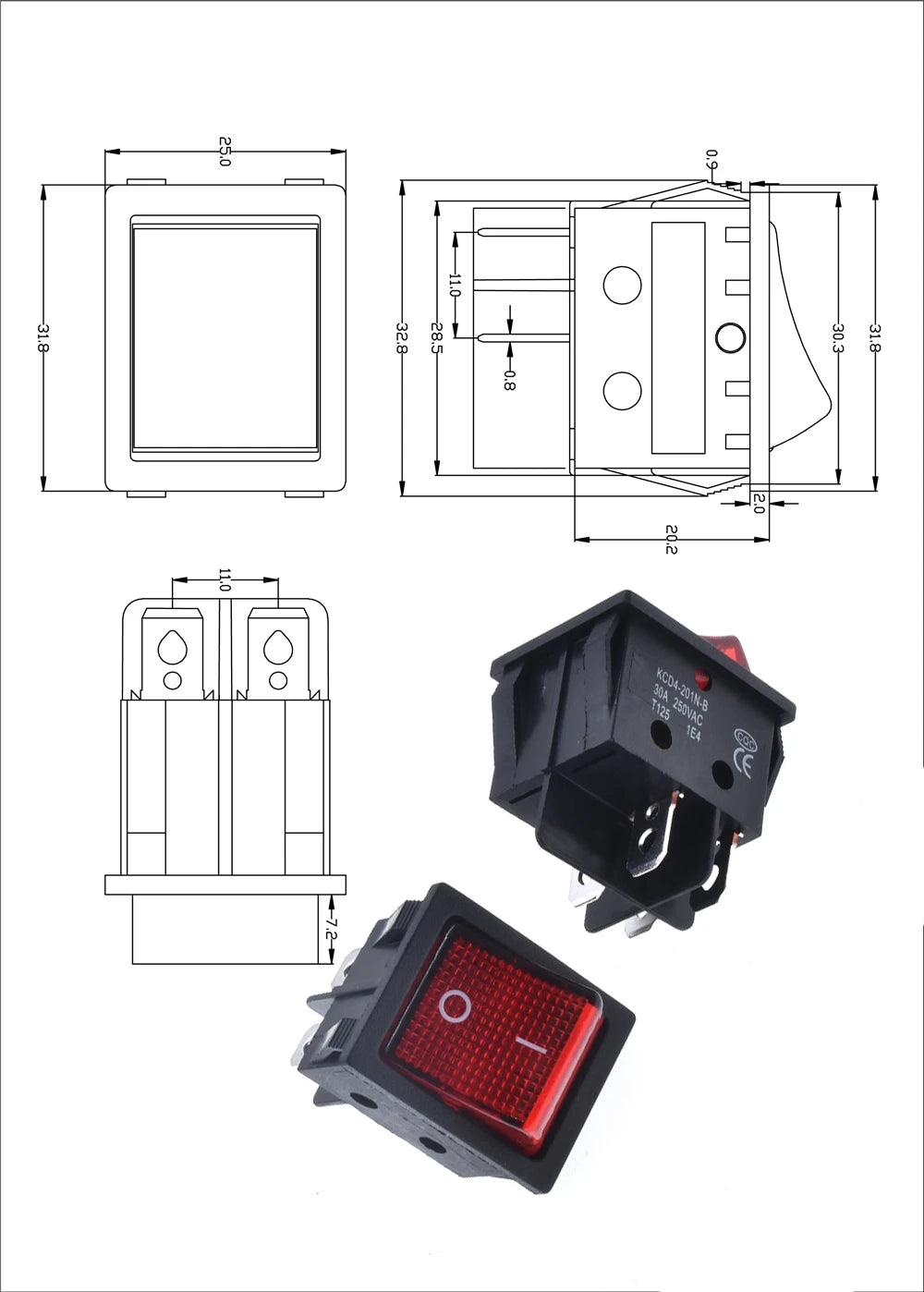 5pcs 30A 250V KCD2 KCD4 Rocker Switch DPST 4 Pin 6Pin Red Lighted 120V Rocker Toggle Switch ON Off Heavy Duty 22*29 High voltage