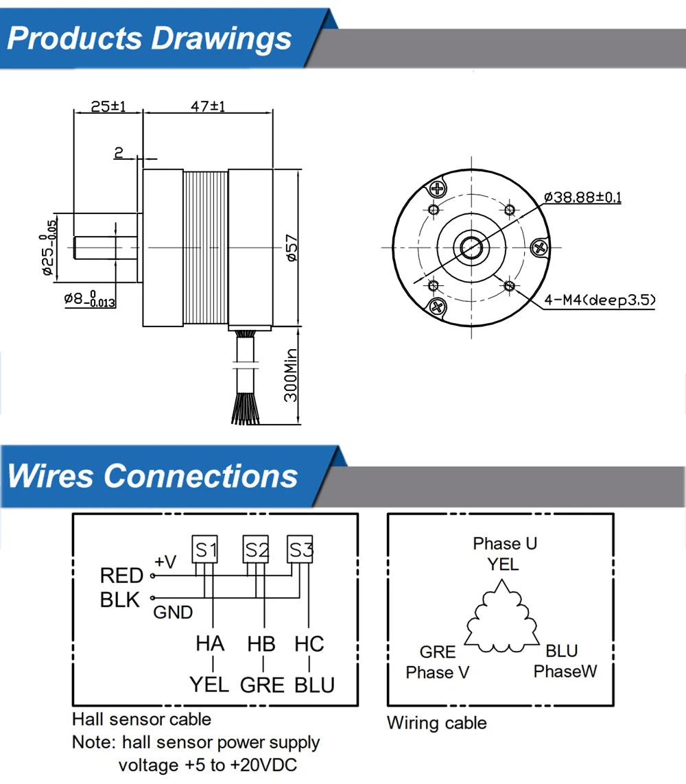 4000Rpm Brushless BLDC Motor 36V 46W 0.11N.m 2A 47mm Length BLDC 57BLS01 57mm 3-Phase 4-Poles Brushless Motor with Hall-Sensor