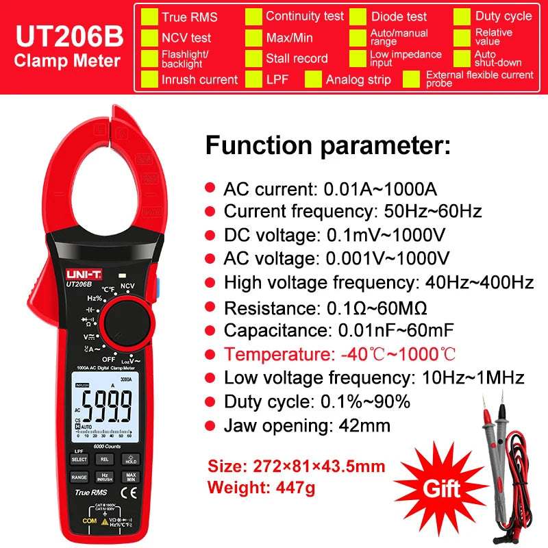 UNI-T 1000A True RMS Digital Clamp Meter 1000V AC DC Voltmeter Pliers Ammeter UT206B UT207B UT208B Inrush Current LPF ACV Test