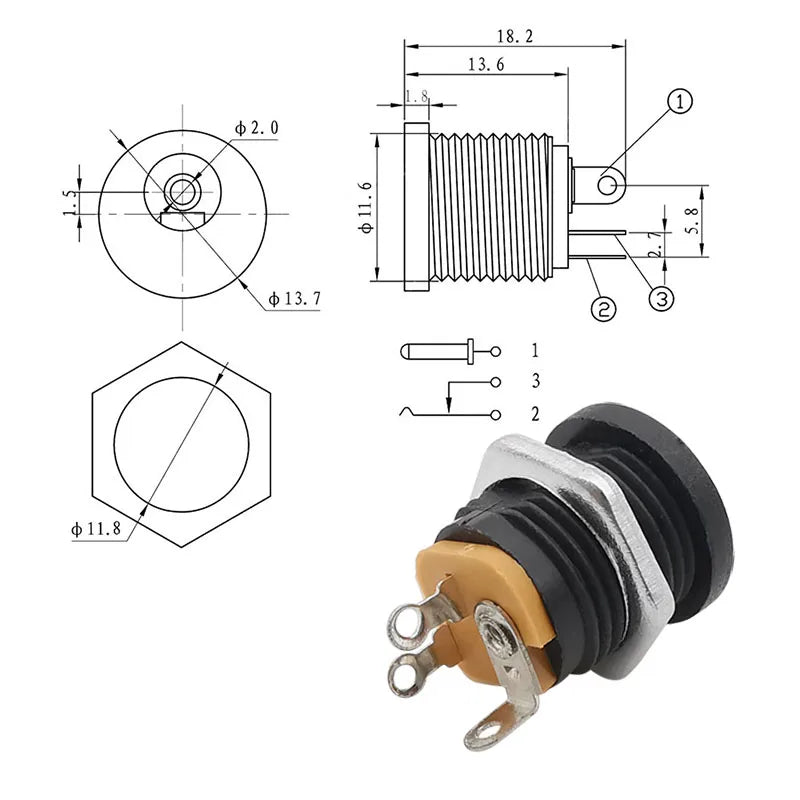 10Pcs DC Power Jack Connectors 5.5 x 2.1mm DC Plug Male Female Socket Soldering Type Nut Panel Mount DC Power Adapter Connector
