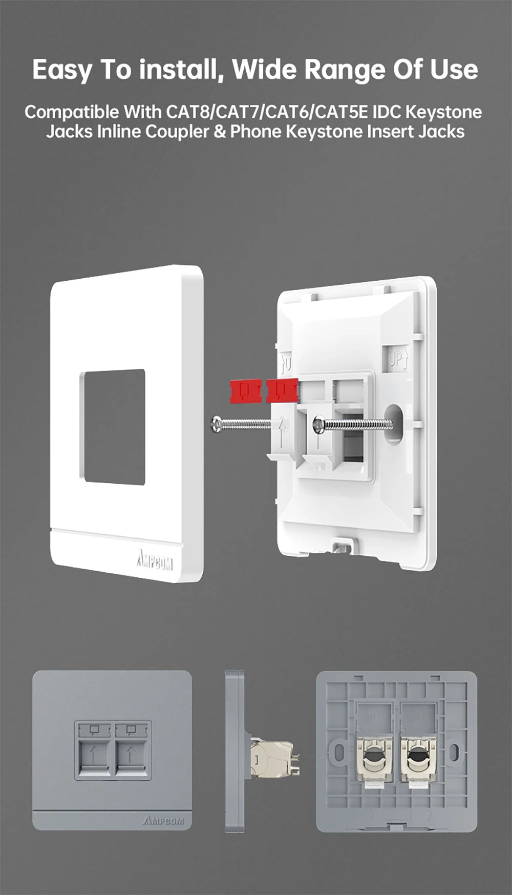 AMPCOM Wall Faceplate with CAT8 40Gbps STP Keystone Jack, RJ45 Self-Locking Zinc Alloy Module With 86mm Wall Plate