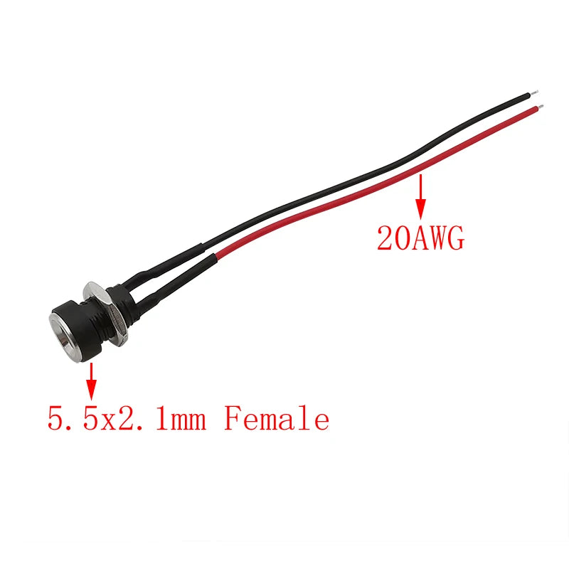 5/10Pcs DC Power Connector 5.5 x 2.1mm Female Jack Socket Panel Mount Adapter Connectors with 20AWG Electronic Wires Cable