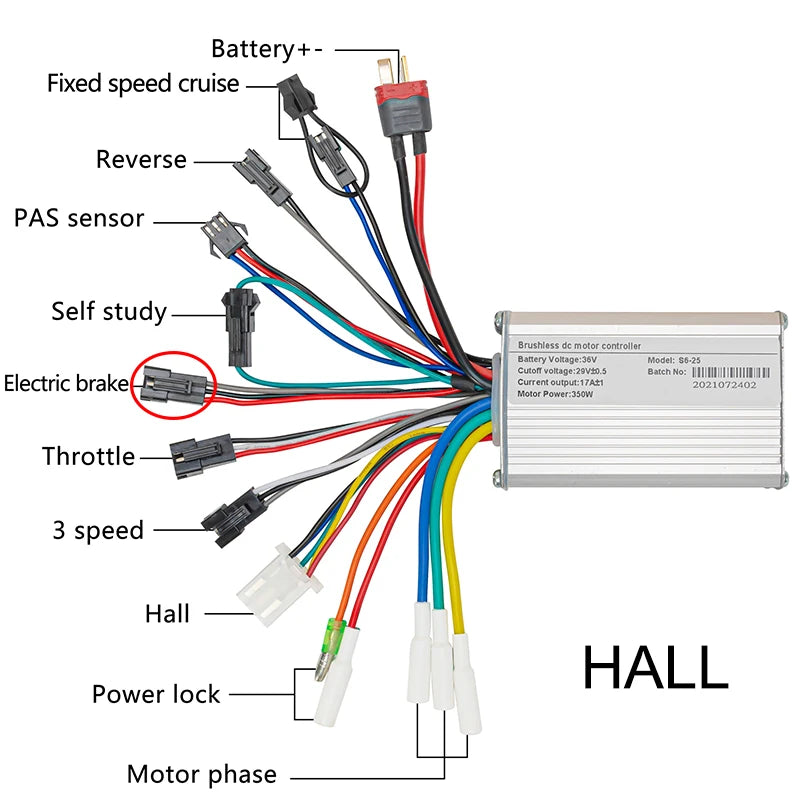 Electric Bicycle BLDC Motor Brushless Speed Controller 250W 350W 24V 36V 48V DC With Hall E-Brake Sensor Reverse 13A 6Mosfet