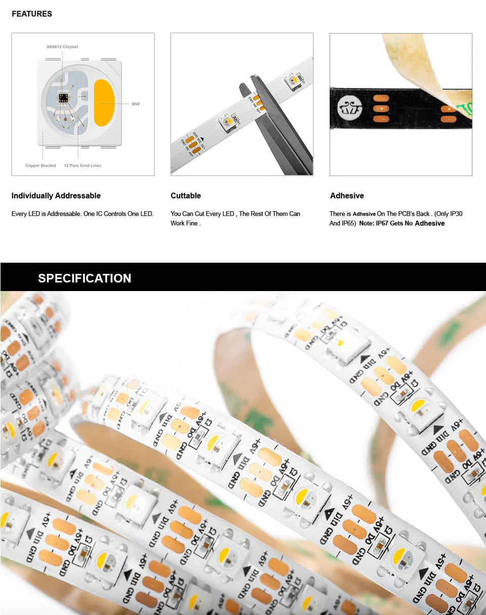 5V SK6812 RGBW Led Strip Light 4 in 1 Similar WS2812B 1m 4m 5m 30 60 144 LEDs Individual Addressable RGBWW Led Lights IP30 65 67