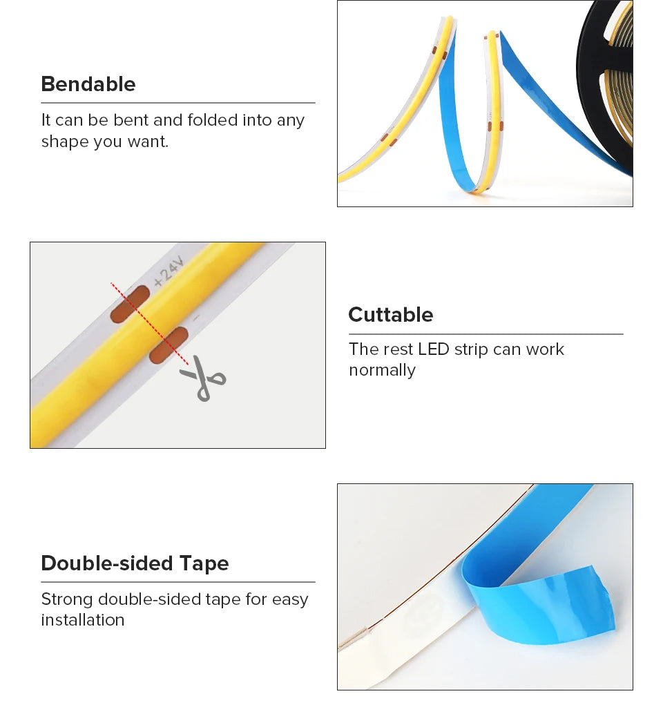 FCOB LED Strip Light 336 480 528 LED High Density Flexible FOB COB Led Light RA90 Warm Nature Cool White Linear Dimmable 12V 24V