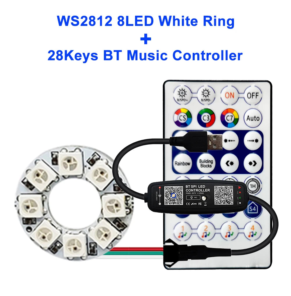 WS2812B Individually Addressable Led Ring 5050 RGB With USB 28Keys Bluetooth Music Controller Kit BuiIt-in 8/16/24/35/45 Pixels