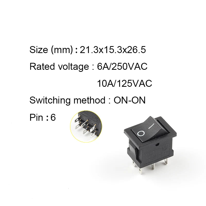 5PCS 6PIN 21X15mm Rocker Switch KCD2 DPDT Black White Push Button Boat Power Rocker Switch 6A/250V 10A/125V Electrical Equipment
