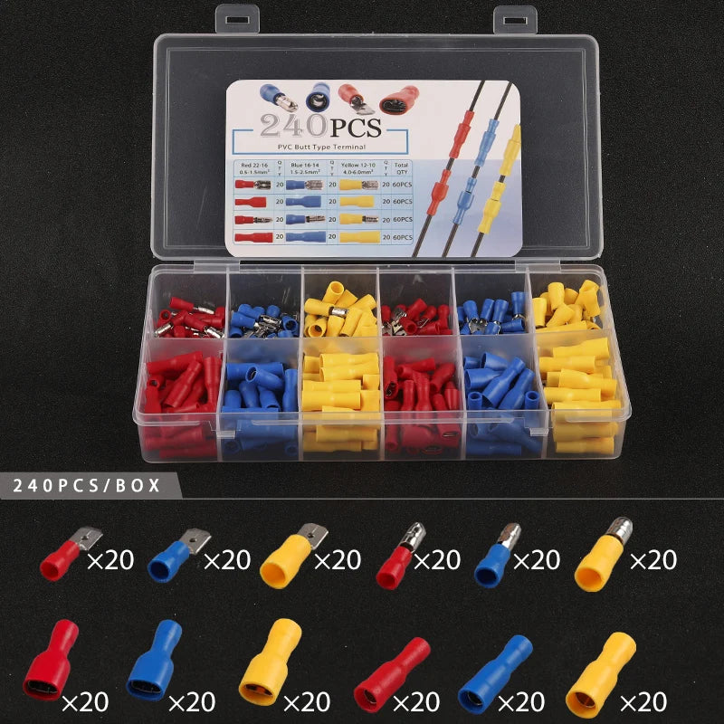 240PCS/Boxed Mixed pack Assorted Insulated Bullet/spade Butt Crimp Terminals Set  Electrical Wire Connector Blue Yellow Red