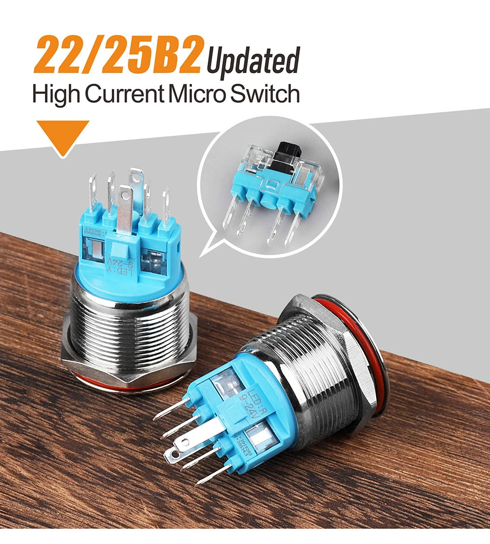 LANBOO 22B2 Economy Metal Pushbutton Switch / 1NO1NC / Momentary or Latching Available. Ring/Power Supply Button