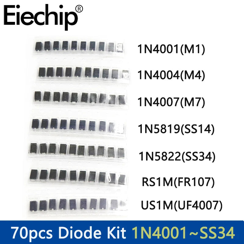 70pcs/lot SMD Diodes 1N4007 M7 1N4001 M1 1N4004 M4 SS14 US1M RS1M SS34 7 Values*10pcs Electronic kit schottky diode set pack