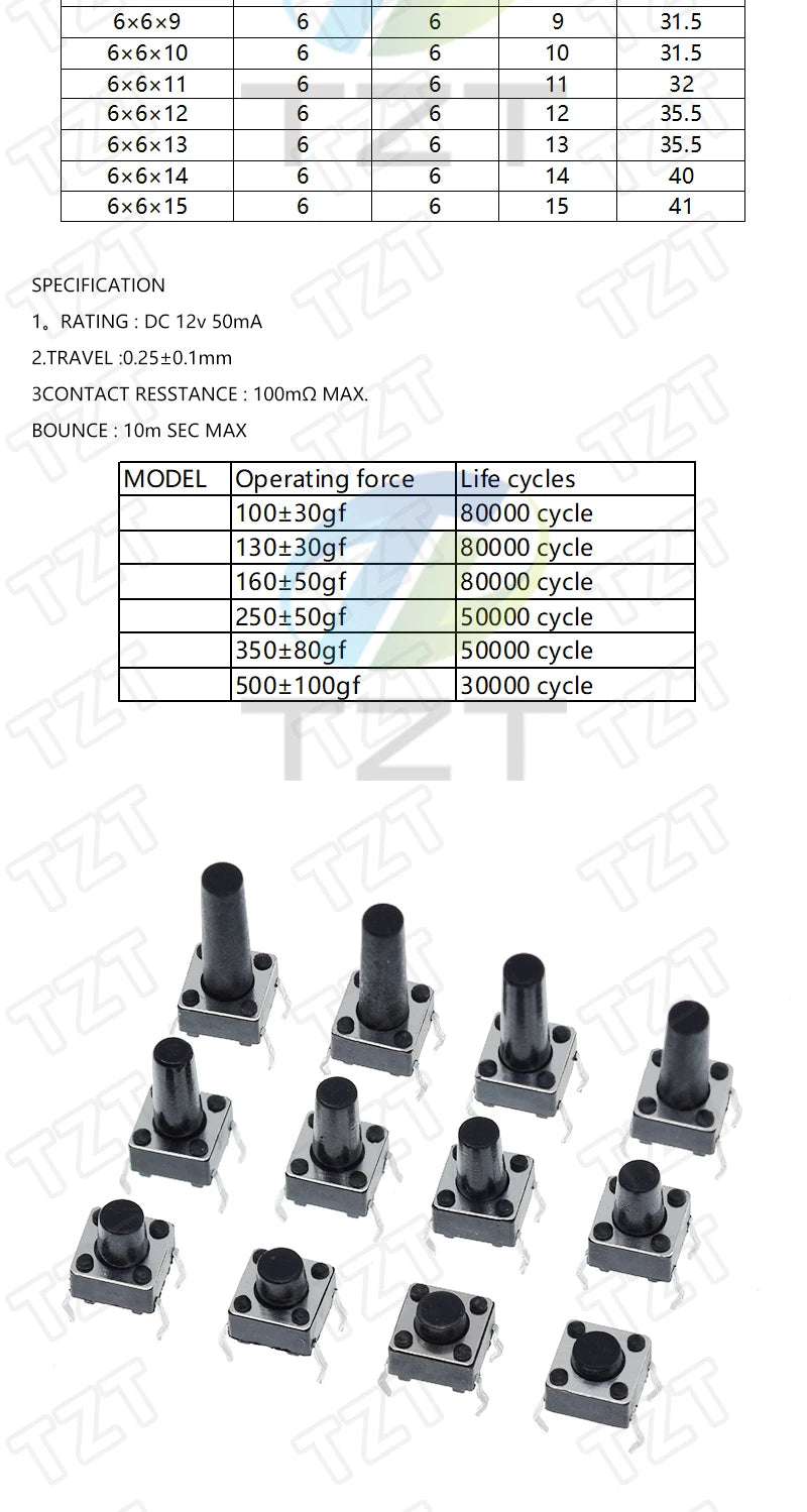 GREATZT 6X6X5/4.3/5.5/6/7/8/9/10/13MM Tact Switch Push Button Switch 12V 4PIN DIP Micro Switch For TV/Toys/home use Button