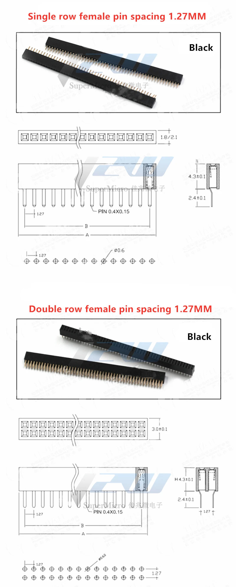 Free shipping (5pcs/lot) Pitch 1.27MM Pin Header Female Single and Double Row 1*40P 50P 2*40P50P Straight/Curved Pin Gold Plated