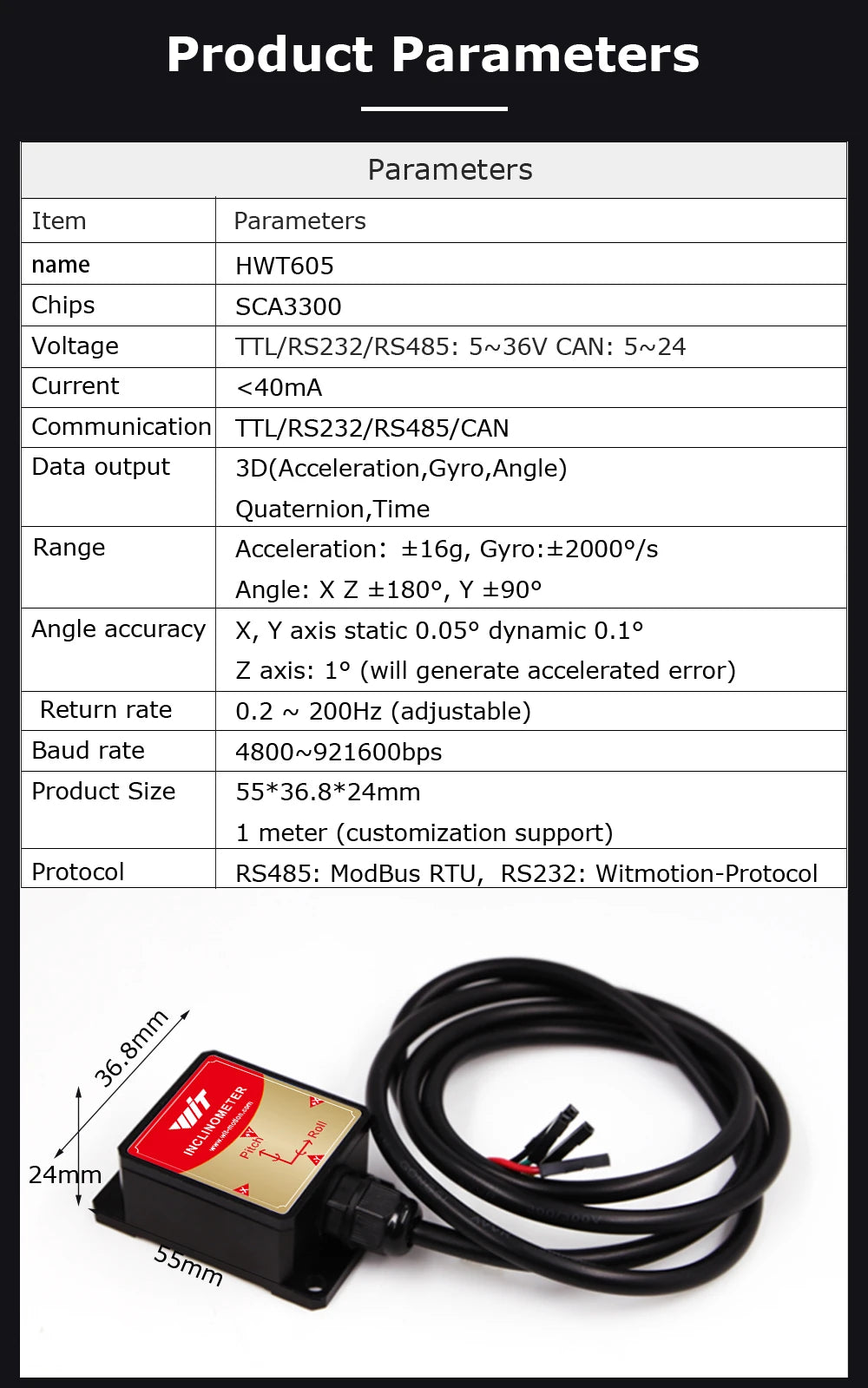 High-Precision Inclinometer HWT605 Accelerometer+Angle+Gyro, MPU9250 IMU, Temperature Compensation, Tilt Angle