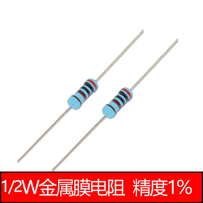 50pcs 1/2W Metal Film Resistor 1 1.2 1.5 10 12 15 100 120 150 R K Ohm 1K2 1K5 1% 0.5W Five-color Ring Resistance 1K 10K 100K 10R