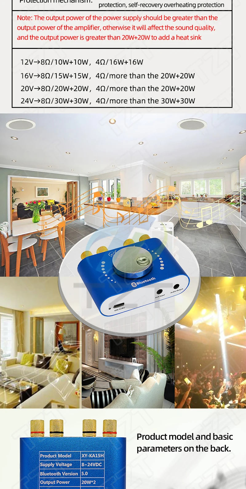 Bluetooth 5.0 10W/15W/20W Stereo Power Amplifier Board Mobile Control APP 12V/24V High Power Digital Amplifier Module DC8-24V