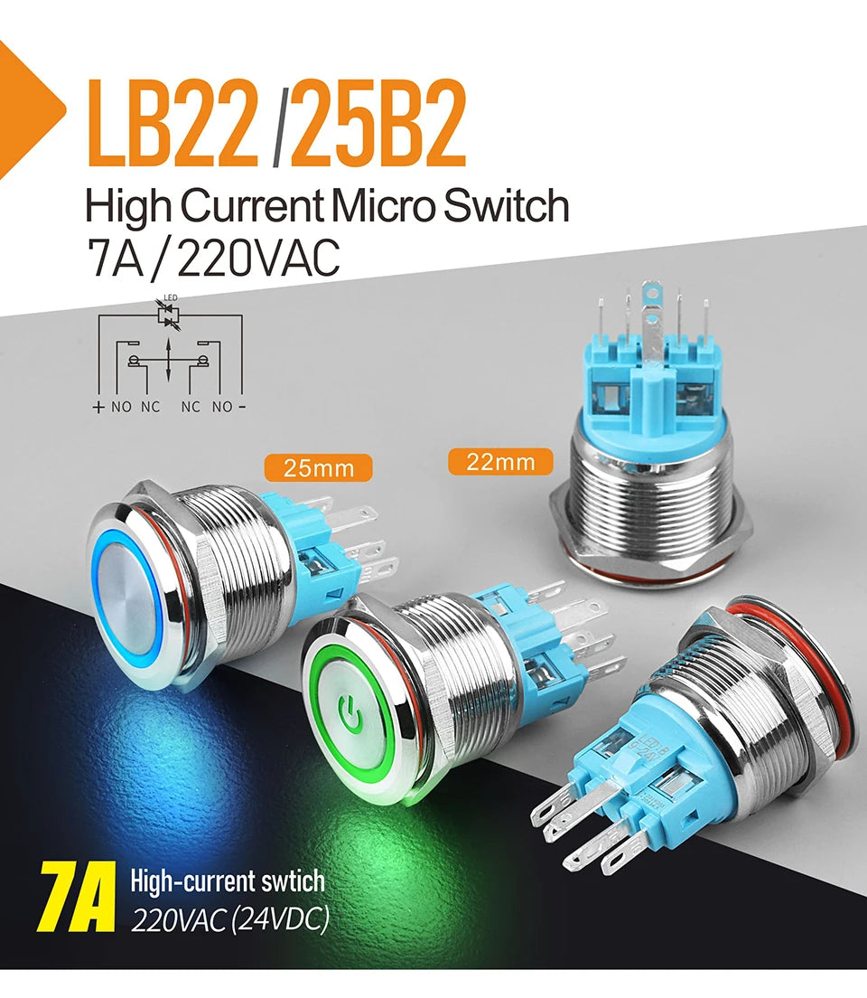 LANBOO 22B2 Economy Metal Pushbutton Switch / 1NO1NC / Momentary or Latching Available. Ring/Power Supply Button